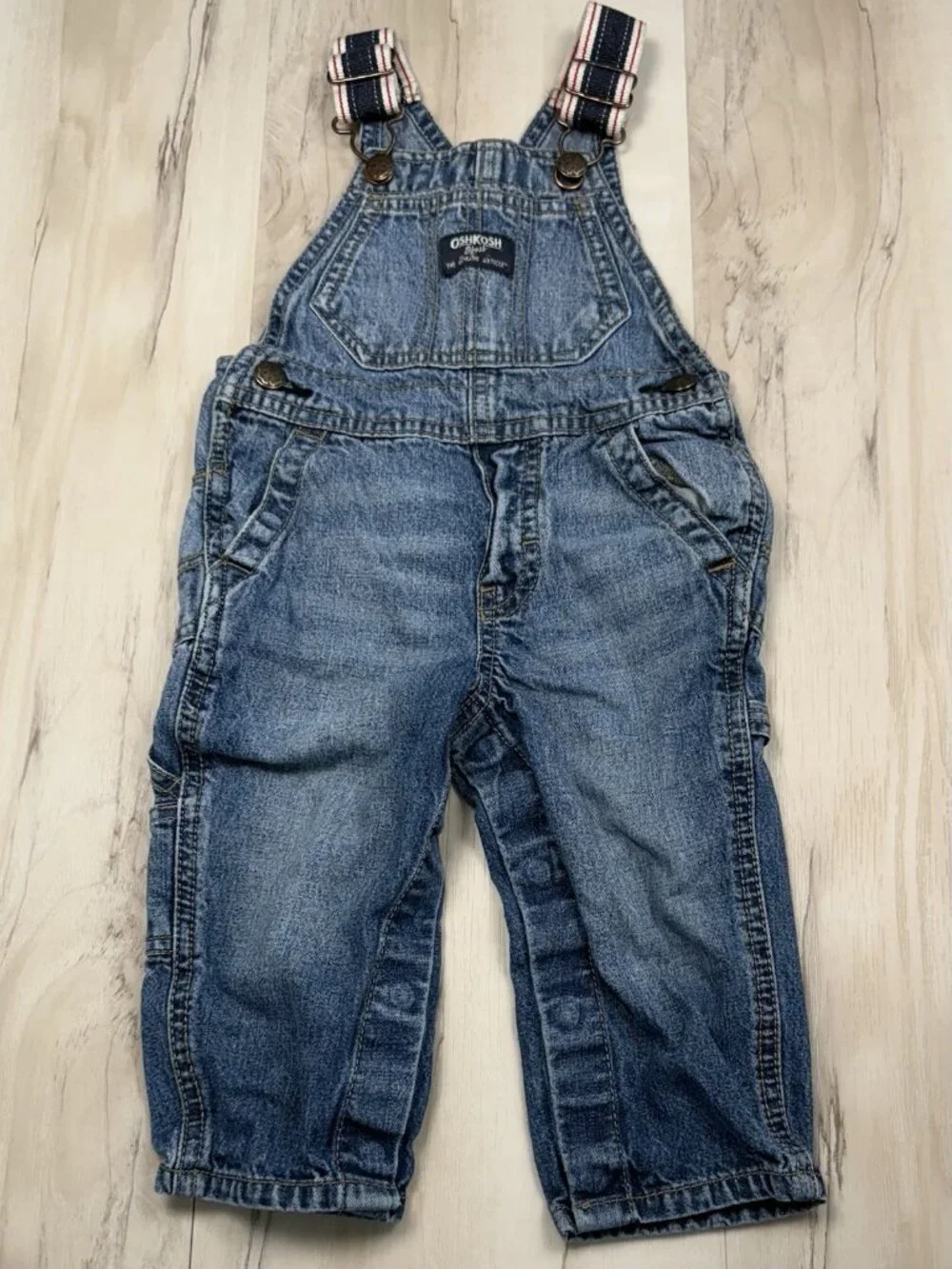 OSHKOSH B'GOSH Kids 9-12M Denim OVERALLS Striped Canvas Straps Conductor EUC